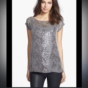 $278 EILEEN FISHER RYE CLEAR SEQUIN SHIMMER BATEAU NECK SHORT SLEEVE TOP M